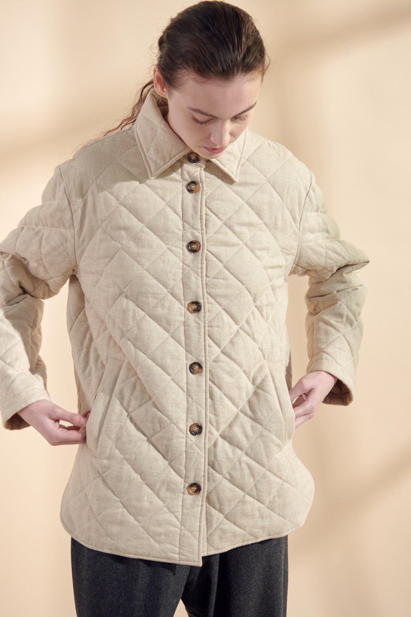Quilted Button Down Jacket | Oatmeal