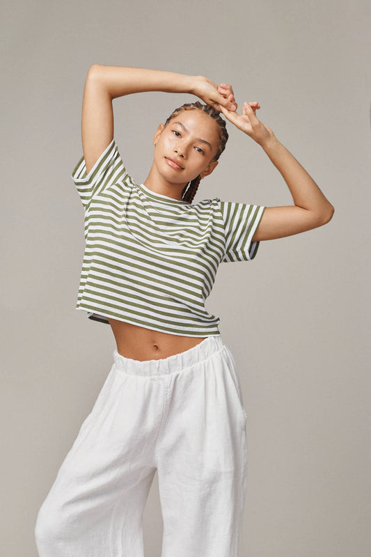 Striped Cropped Lorel Tee | Olive + White