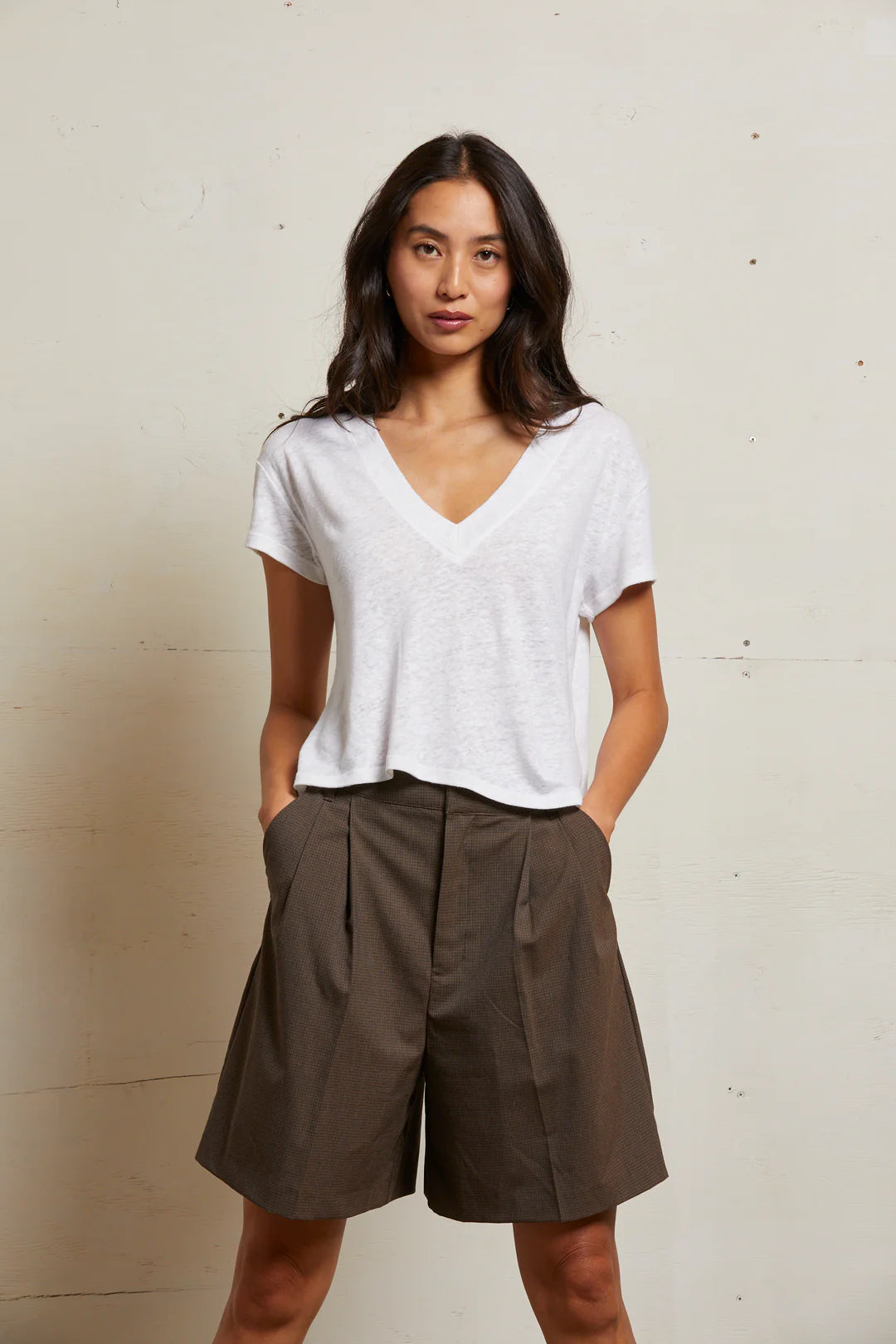Rosie Linen Blend V-Neck Tee | Natural