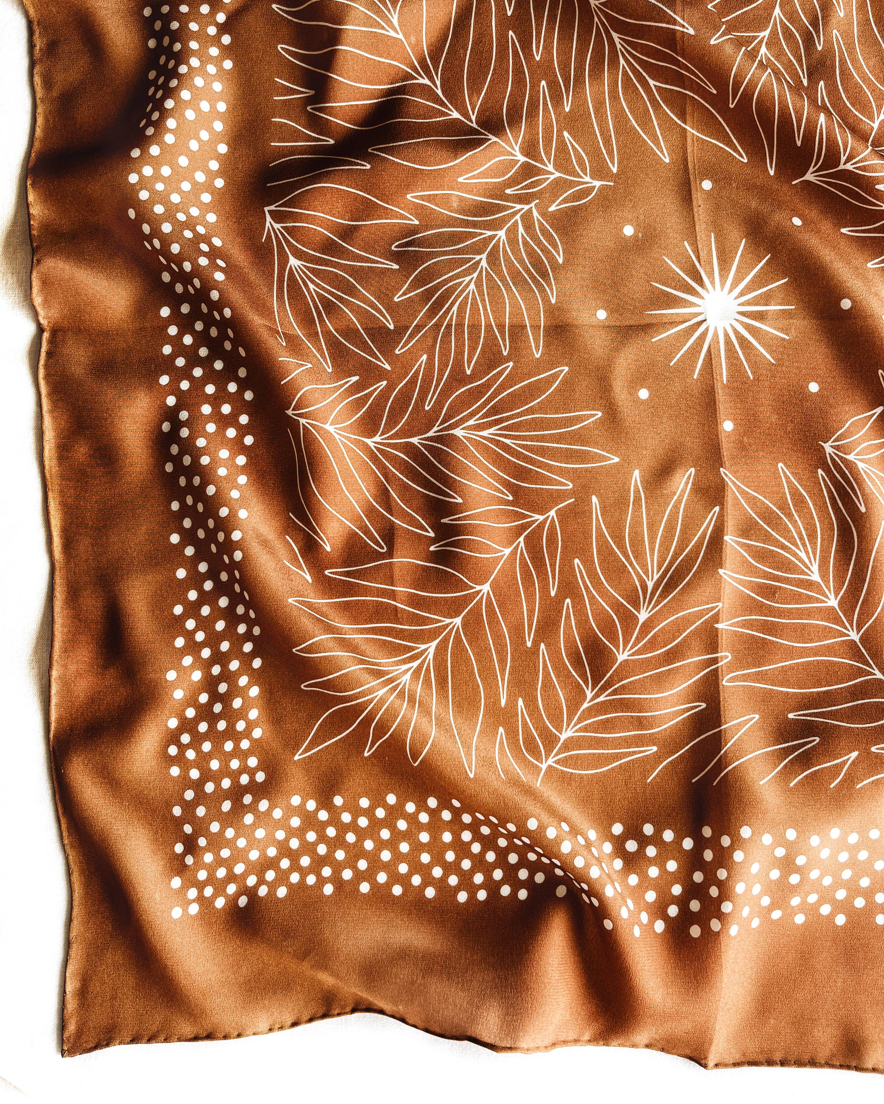 100% Silk Bandana Scarf - Tropical Palms Amber Western Style