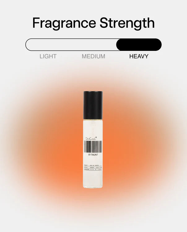 Fragrance strength selector with a roller bottle labeled 'Dr. Ceur' on a gradient background.
