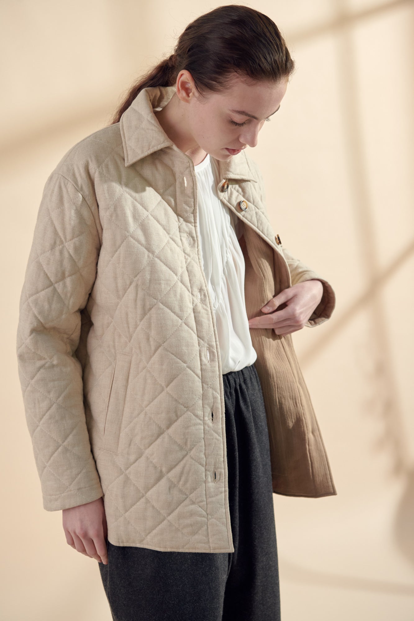 Quilted Button Down Jacket | Oatmeal