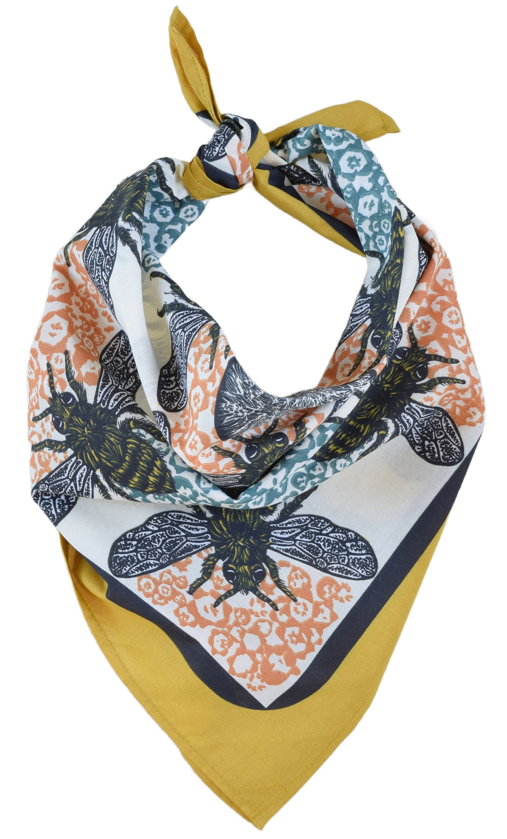 Honeybee Bandana - 100% Cotton - Yellow Teal - Hand Printed