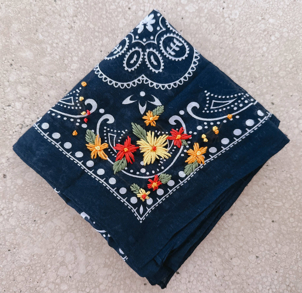 Navy Bandana | Embroidered Flowers