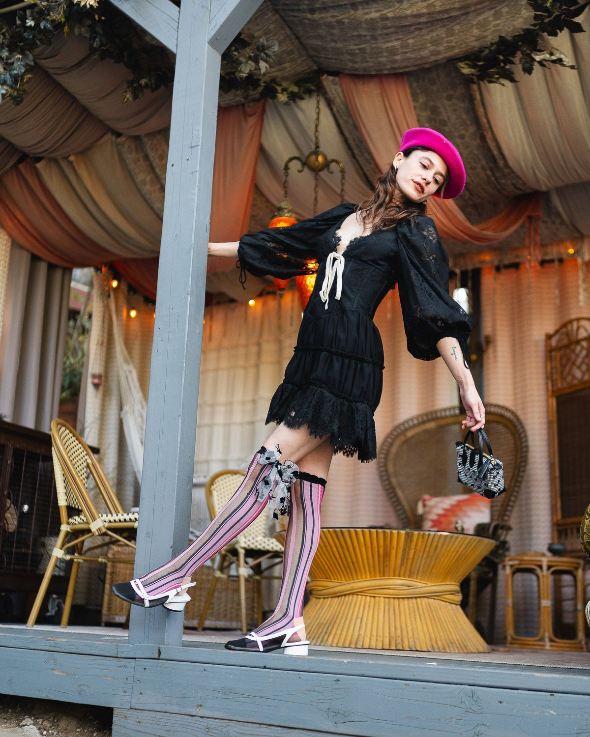 Parisian Stripe Bow Black Sheer Knee High Sock