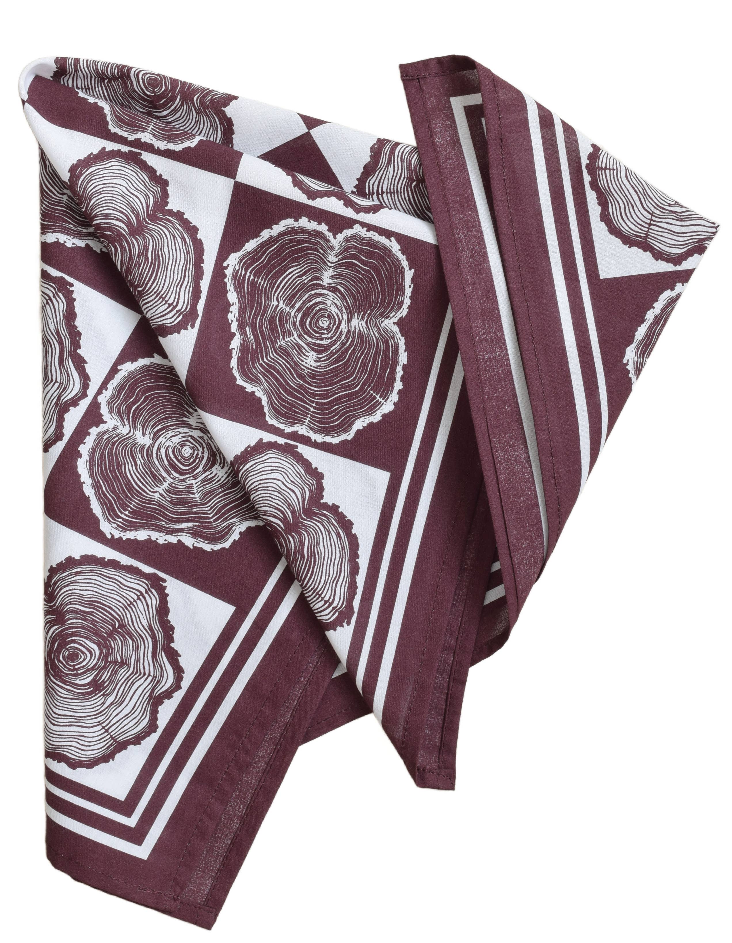 Tree Ring Bandana - 100% Cotton - Burgundy - Hand-printed