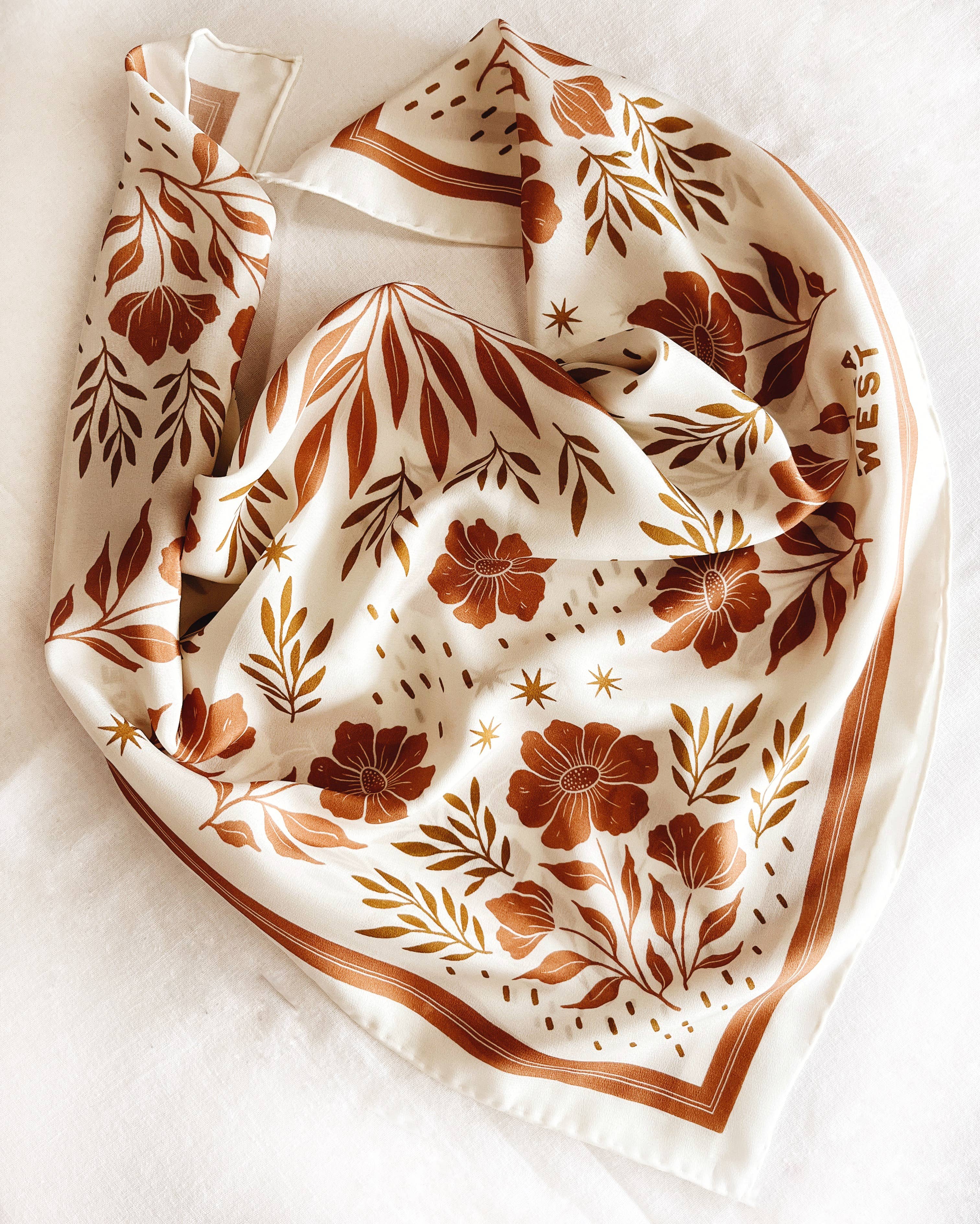 100% Silk Bandana Scarf - Desert Floral Western Earth Tones