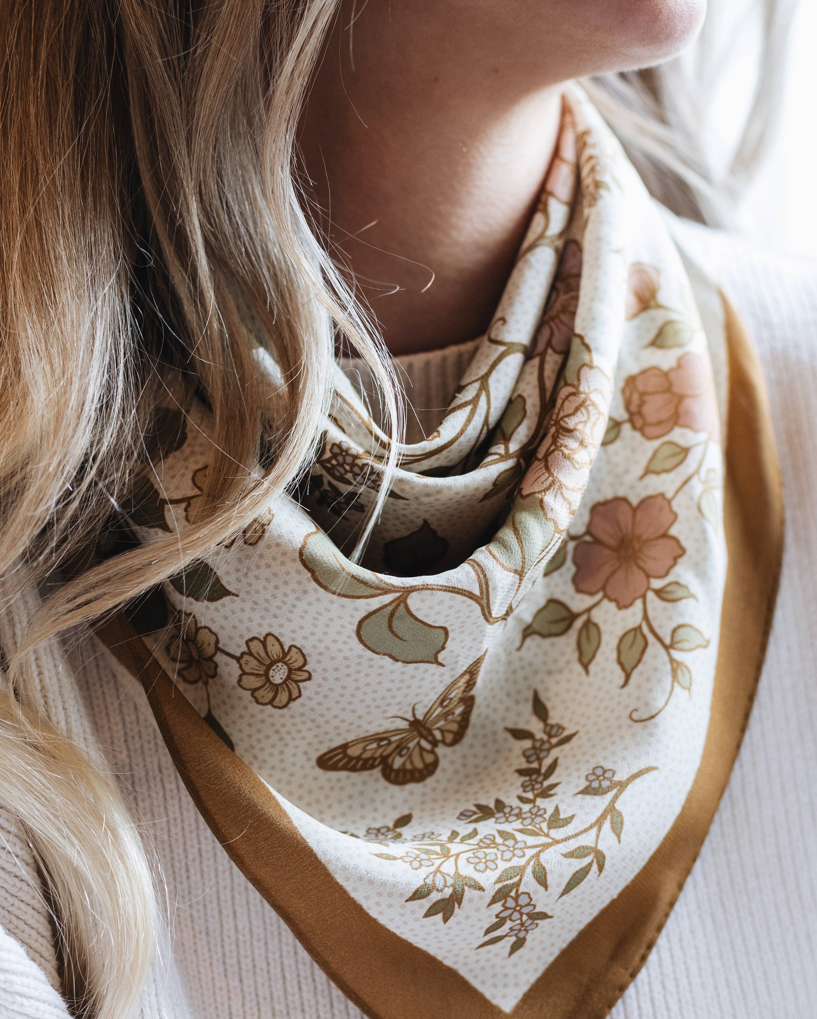 100% Silk Bandana Western Floral & Butterfly  – 23” Square