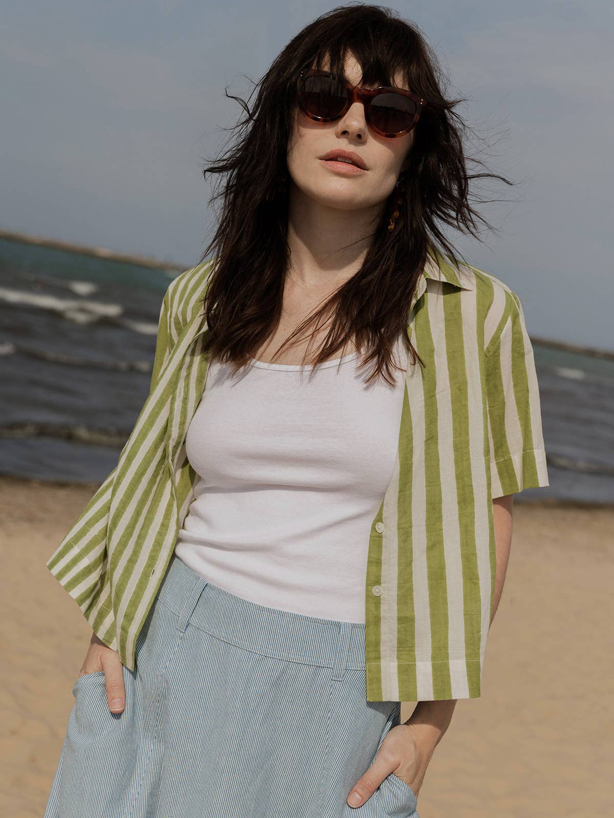 Emma Skirt Blue Stripe Linen Cotton