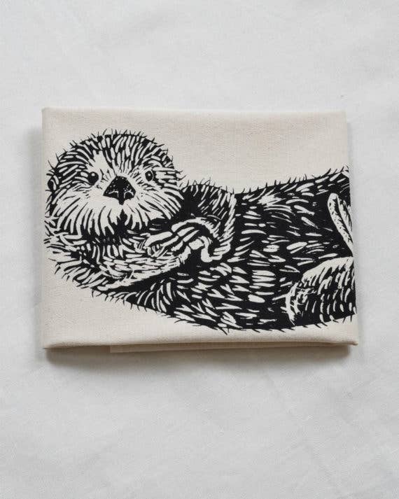 Otter Tea Towel in Black - Organic Cotton - Cute Sea Otter