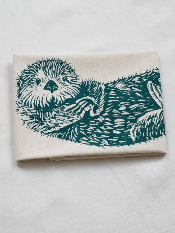 Otter Tea Towel in Green - Organic Cotton - Cute Sea Otter
