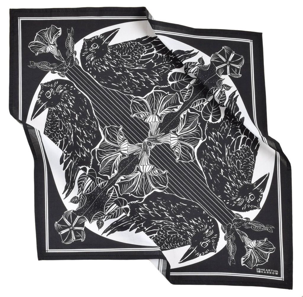 Crow Bandana - Dark Black - 100% Cotton - Bird Print Hanky