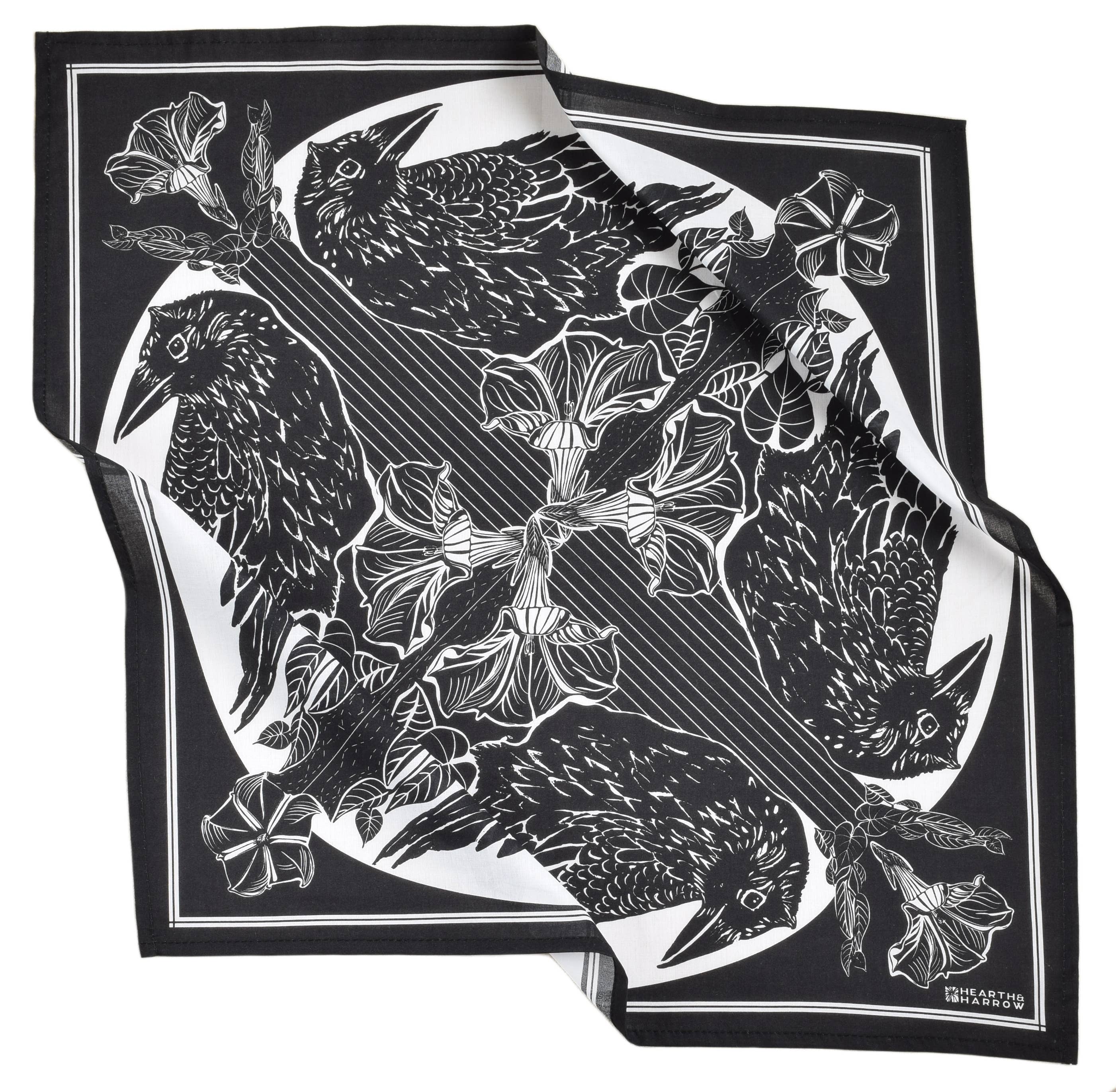 Crow Bandana - Dark Black - 100% Cotton - Bird Print Hanky
