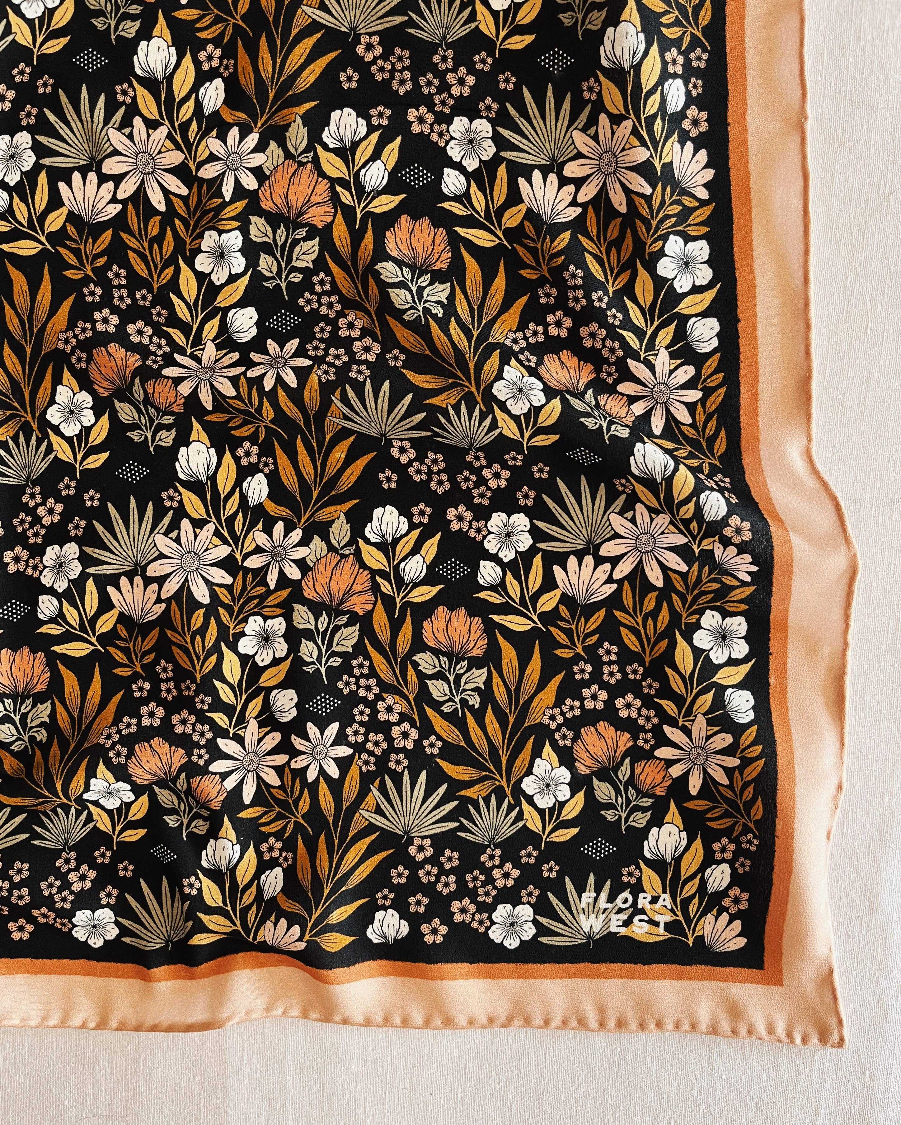 100% Silk Bandana Scarf -Midnight Garden Floral Western Wear