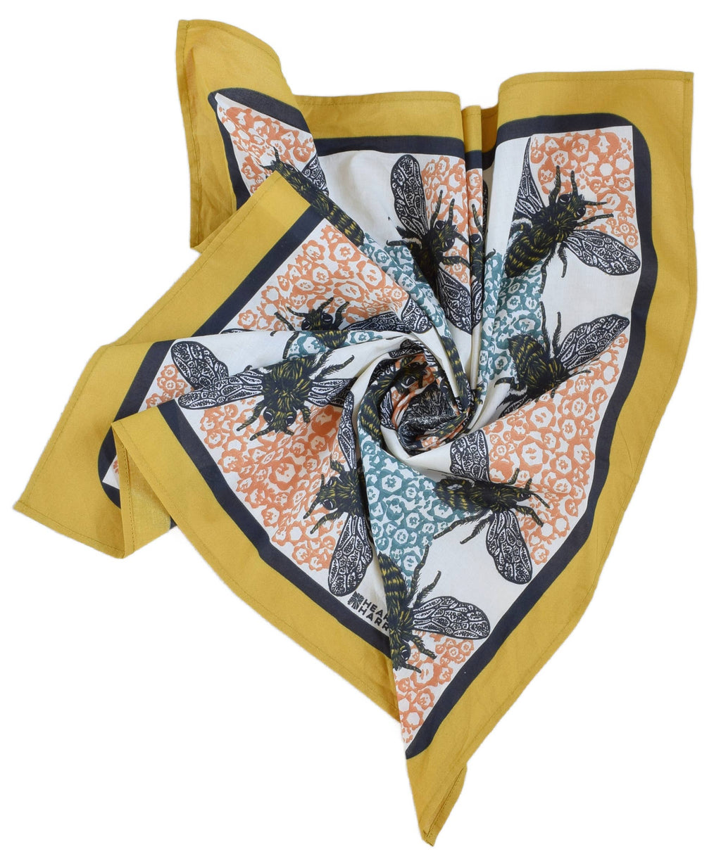 Honeybee Bandana - 100% Cotton - Yellow Teal - Hand Printed