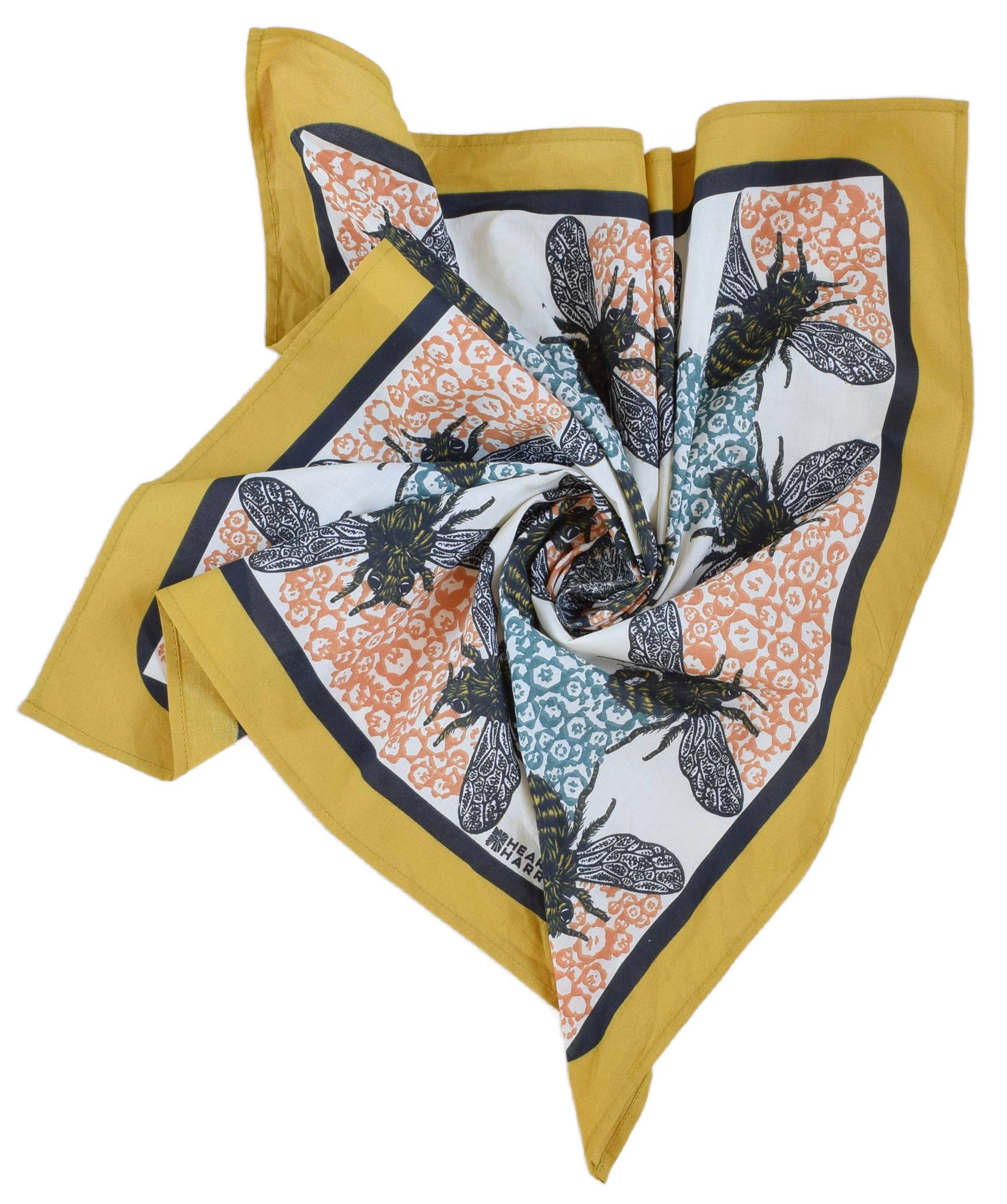 Honeybee Bandana - 100% Cotton - Yellow Teal - Hand Printed