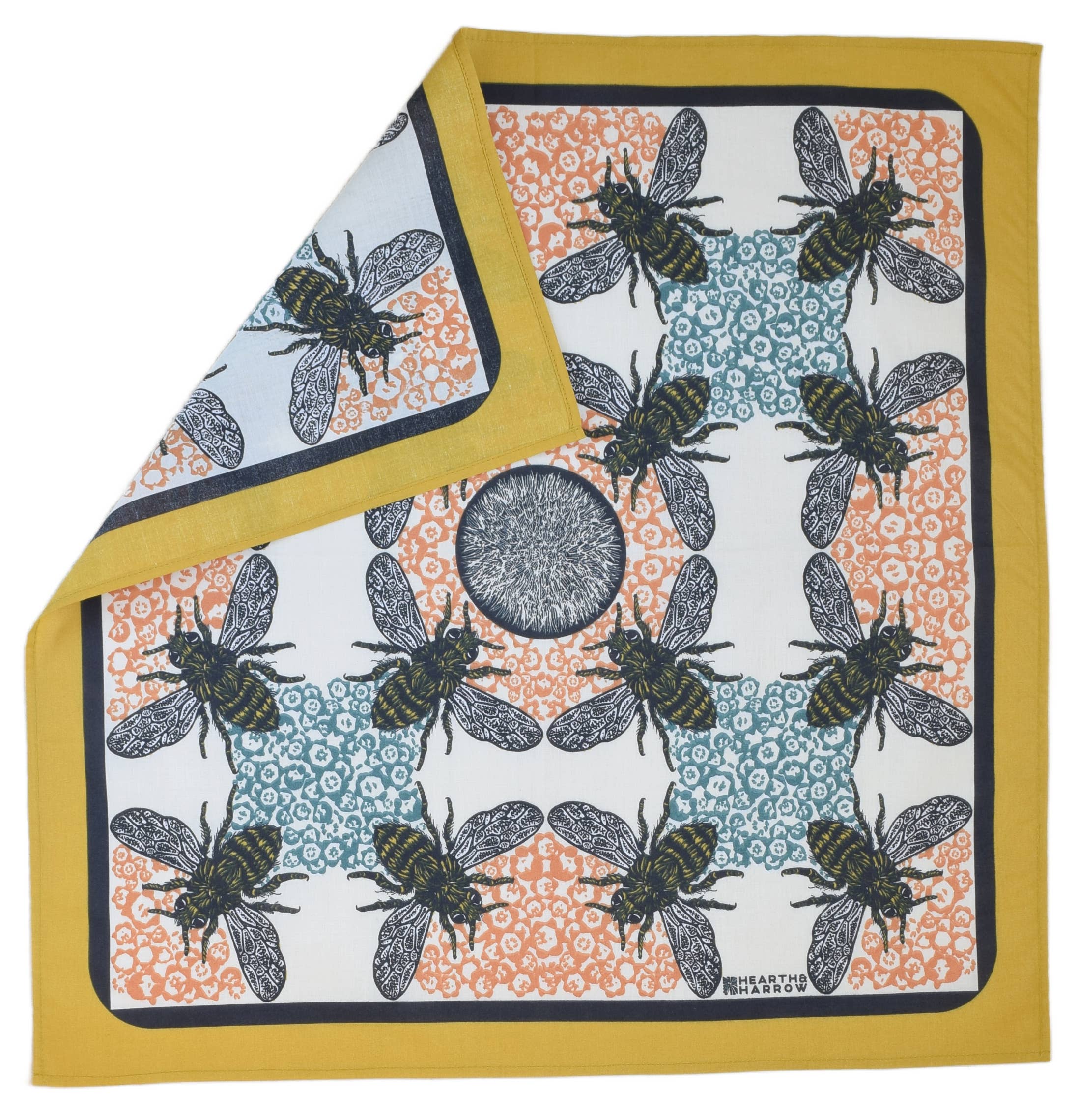 Honeybee Bandana - 100% Cotton - Yellow Teal - Hand Printed