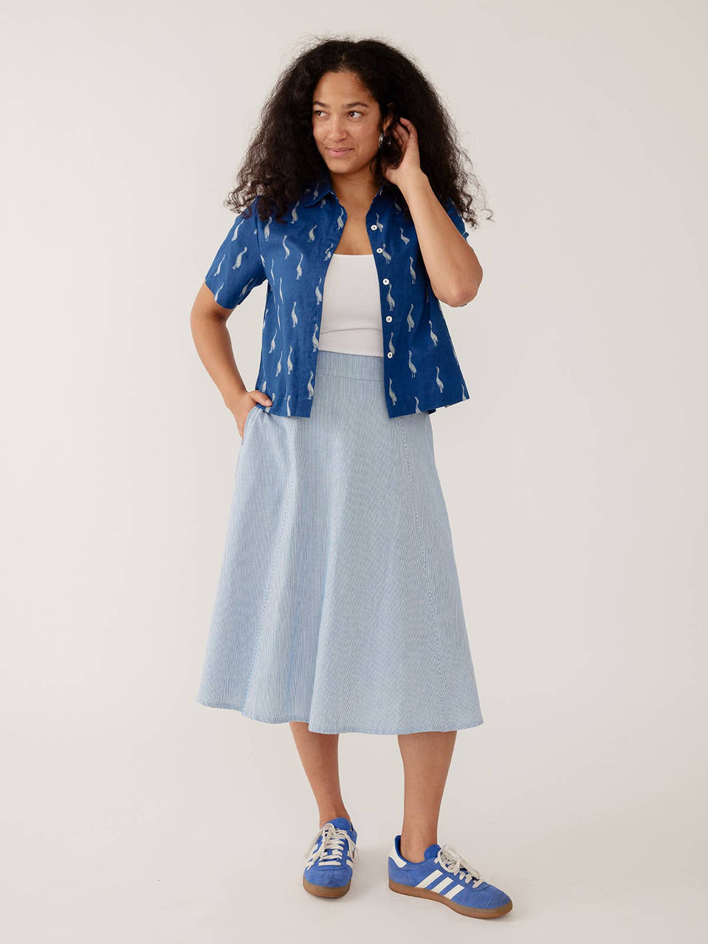 Emma Skirt Blue Stripe Linen Cotton