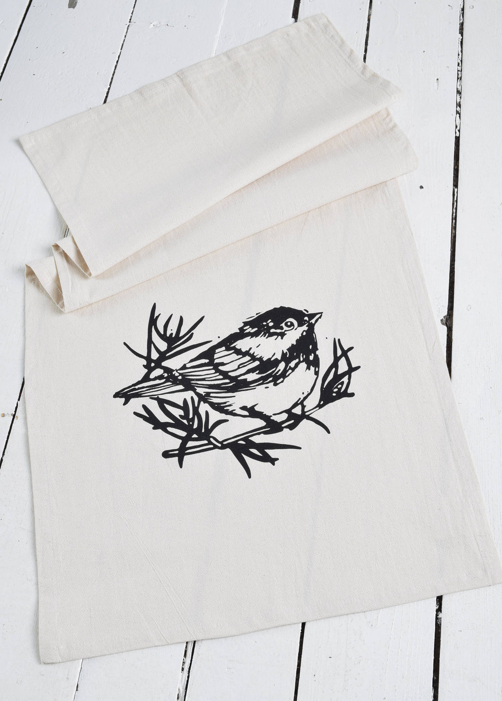 Organic Cotton Chickadee Tea Towel in Black - Bird Print
