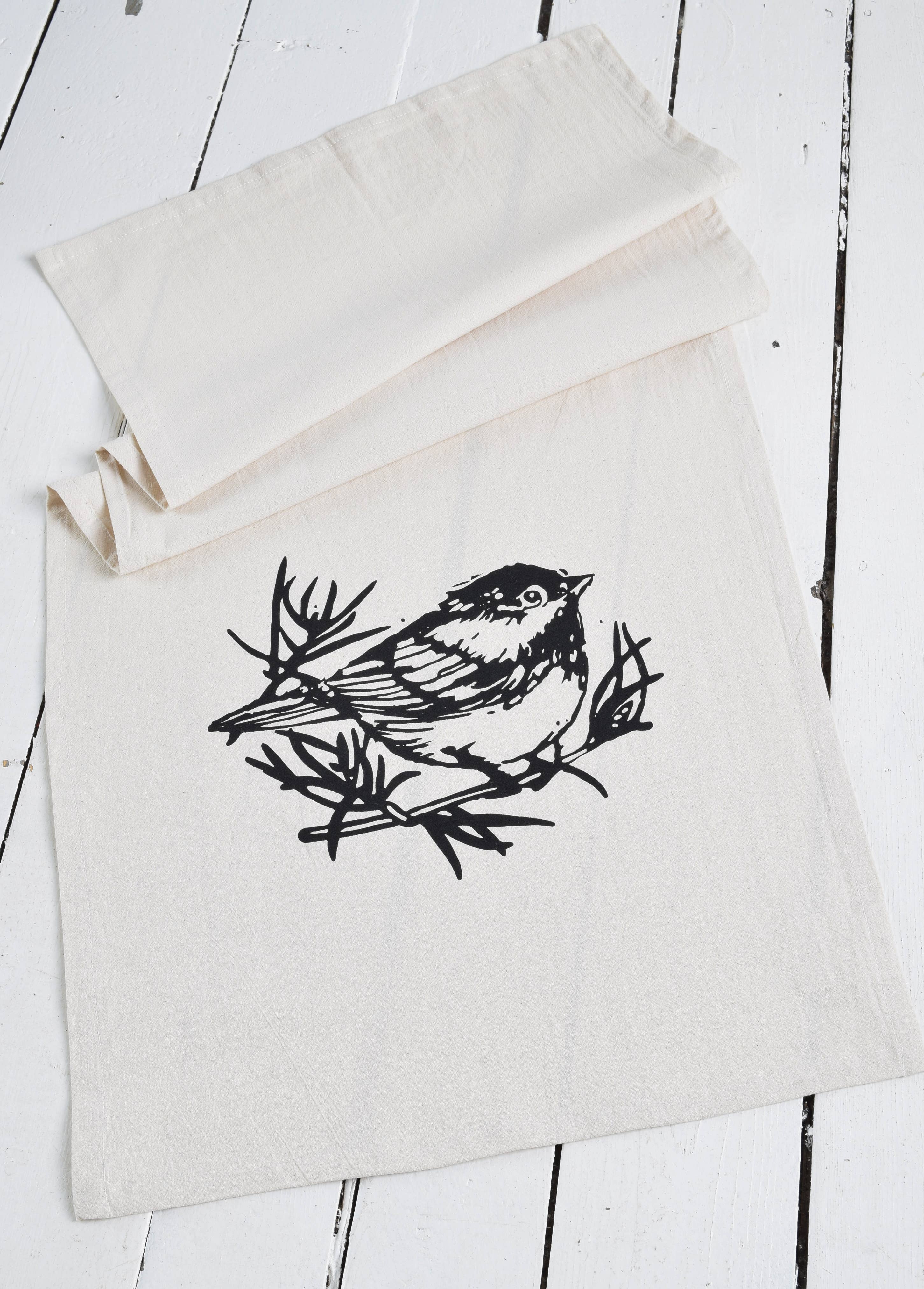 Organic Cotton Chickadee Tea Towel in Black - Bird Print