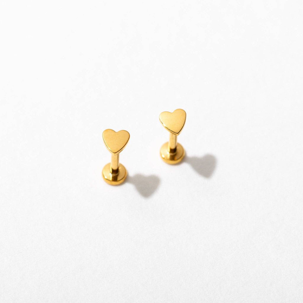 14k Gold PVD or Titanium Heart Flat Back Stud Earrings - Pair