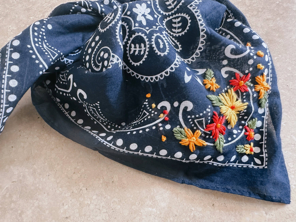 Navy Bandana | Embroidered Flowers
