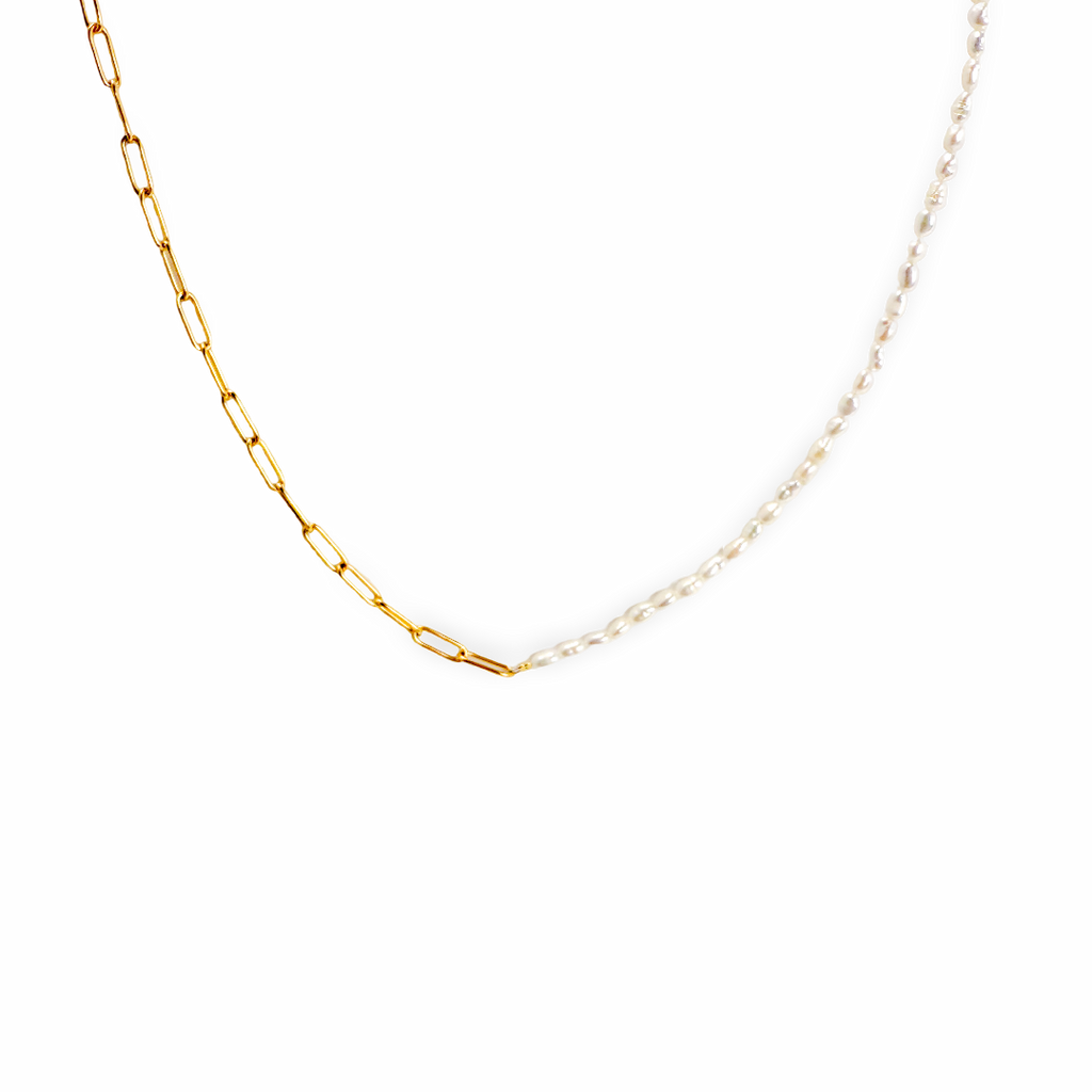 Whisper Freshwater Tiny Pearl & Paperclip Chain Gold Necklace