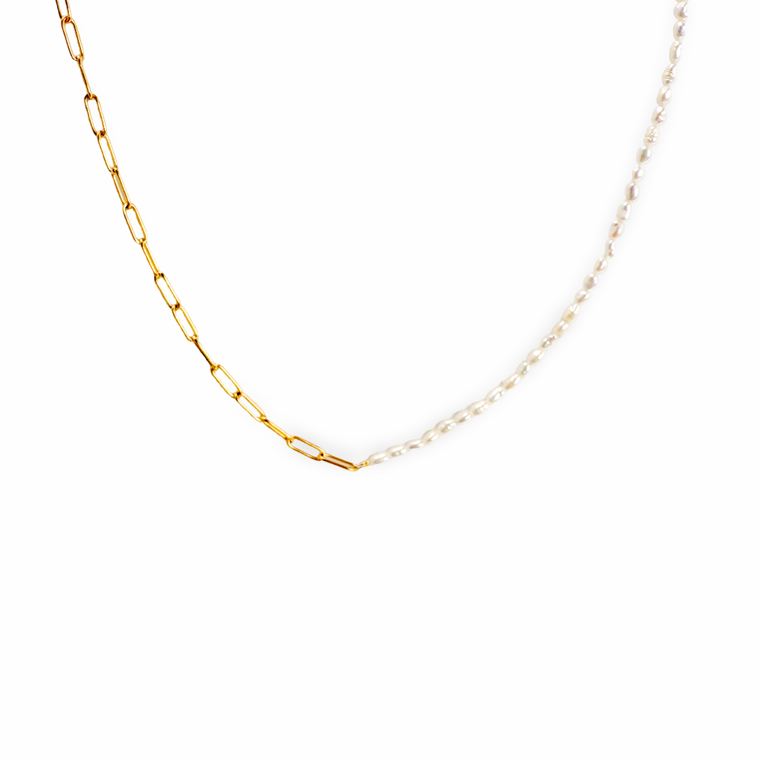 Whisper Freshwater Tiny Pearl & Paperclip Chain Gold Necklace