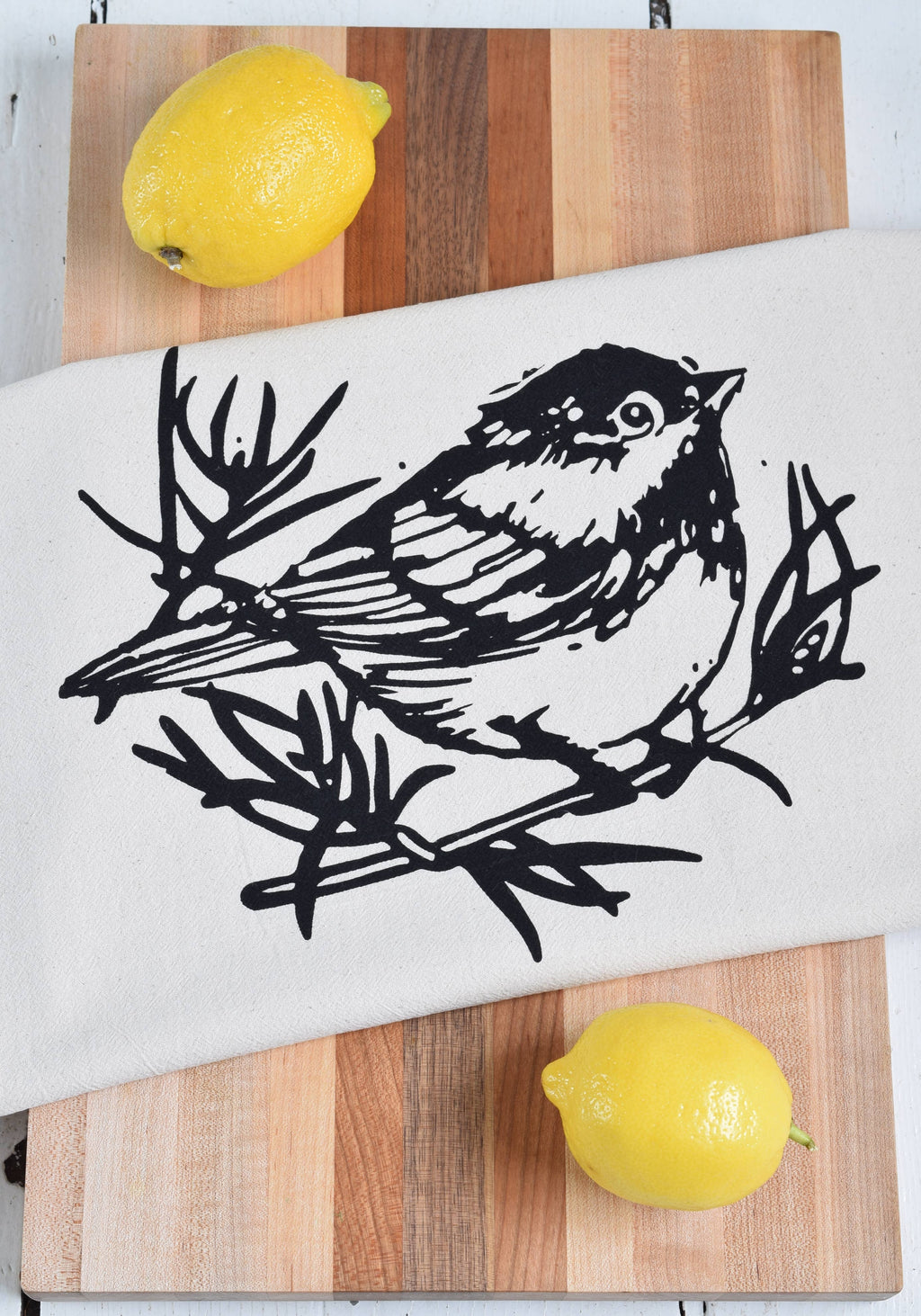 Organic Cotton Chickadee Tea Towel in Black - Bird Print