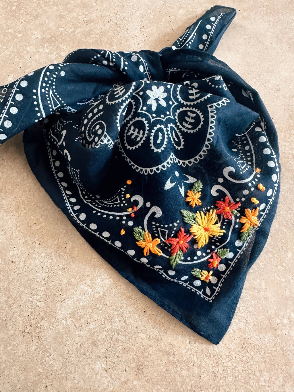 Navy Bandana | Embroidered Flowers