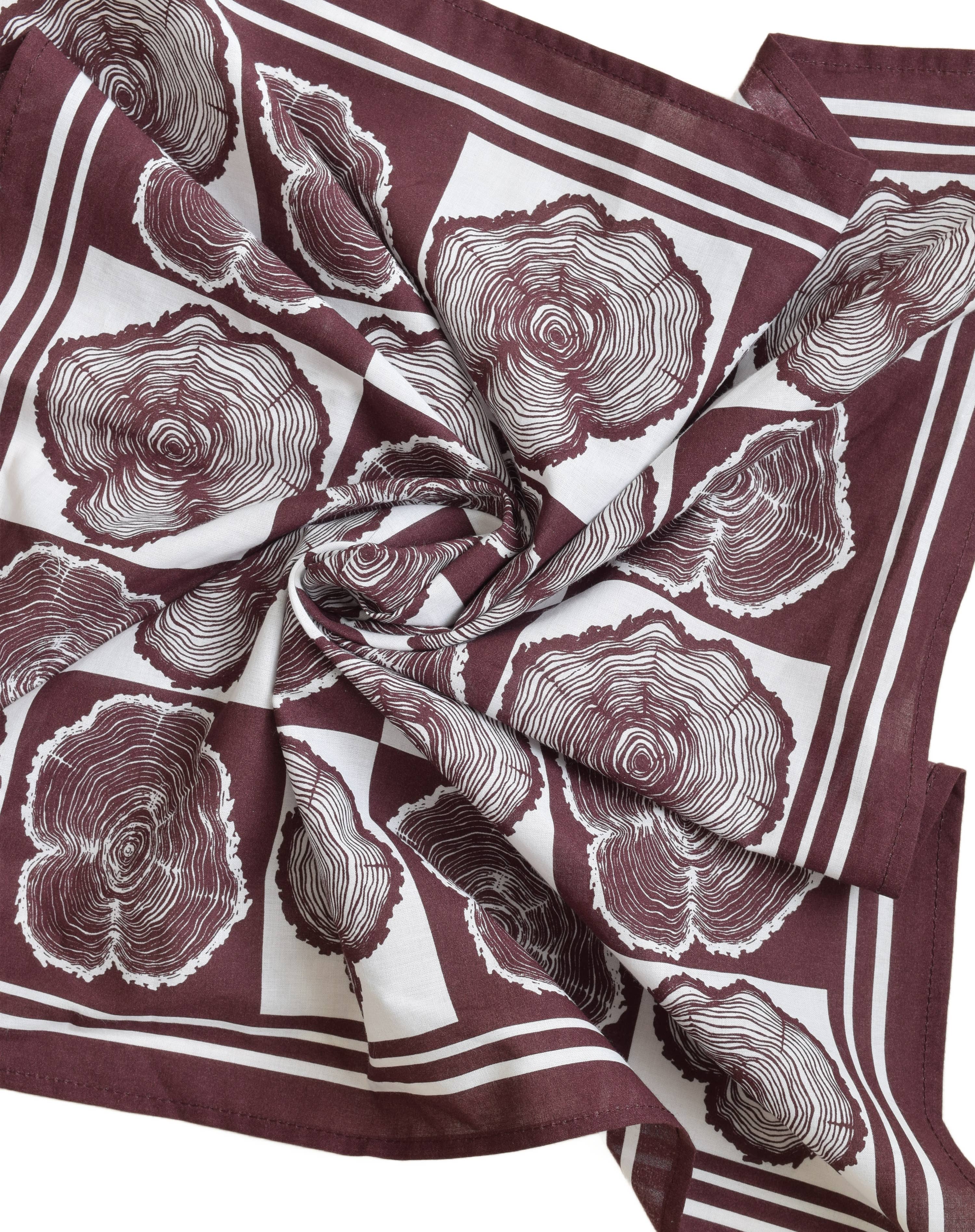 Tree Ring Bandana - 100% Cotton - Burgundy - Hand-printed