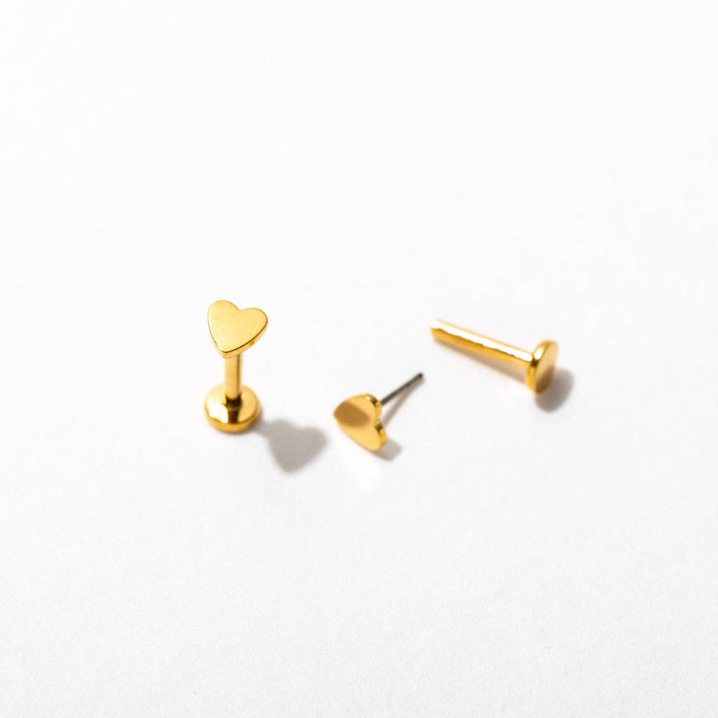 14k Gold PVD or Titanium Heart Flat Back Stud Earrings - Pair