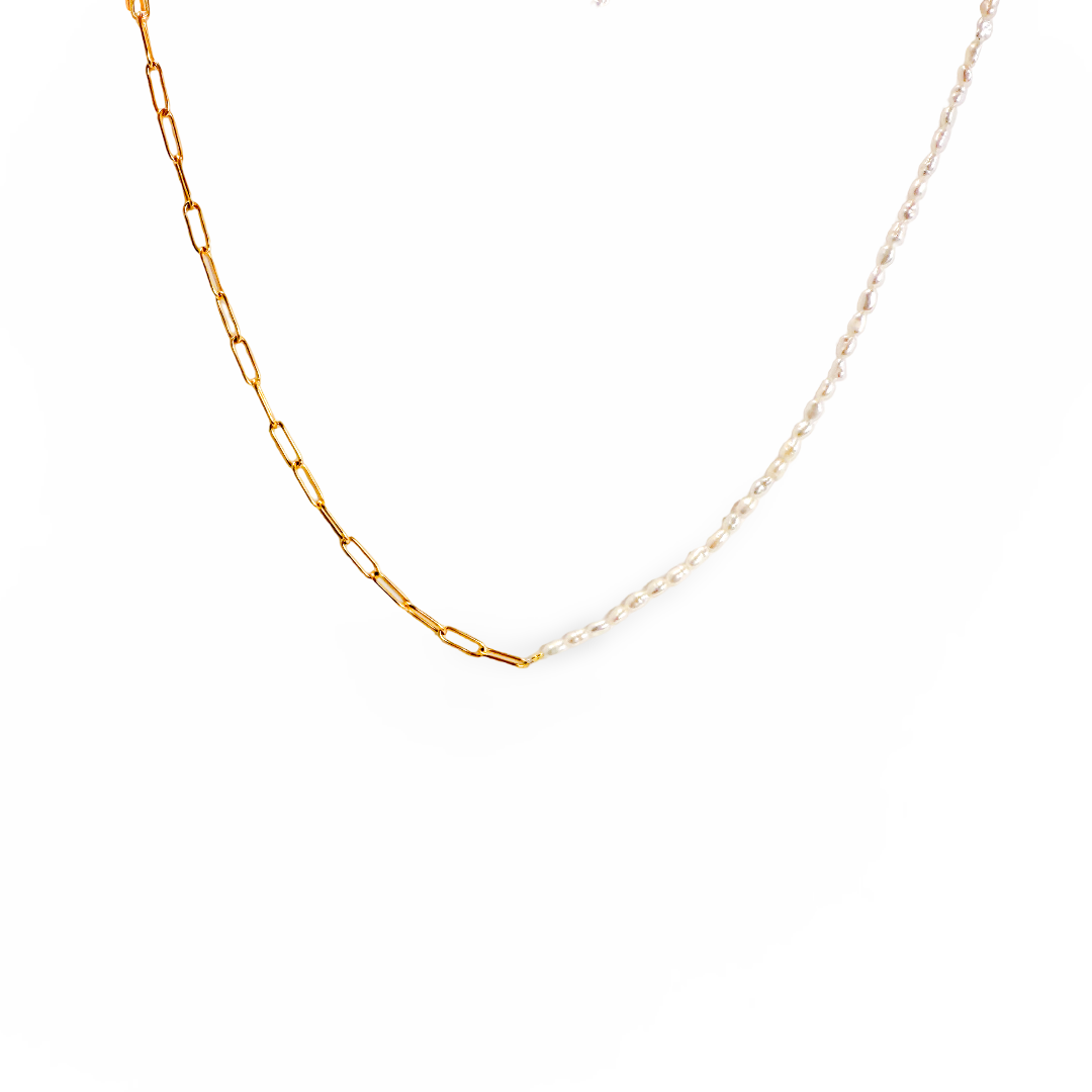 Whisper Freshwater Tiny Pearl & Paperclip Chain Gold Necklace