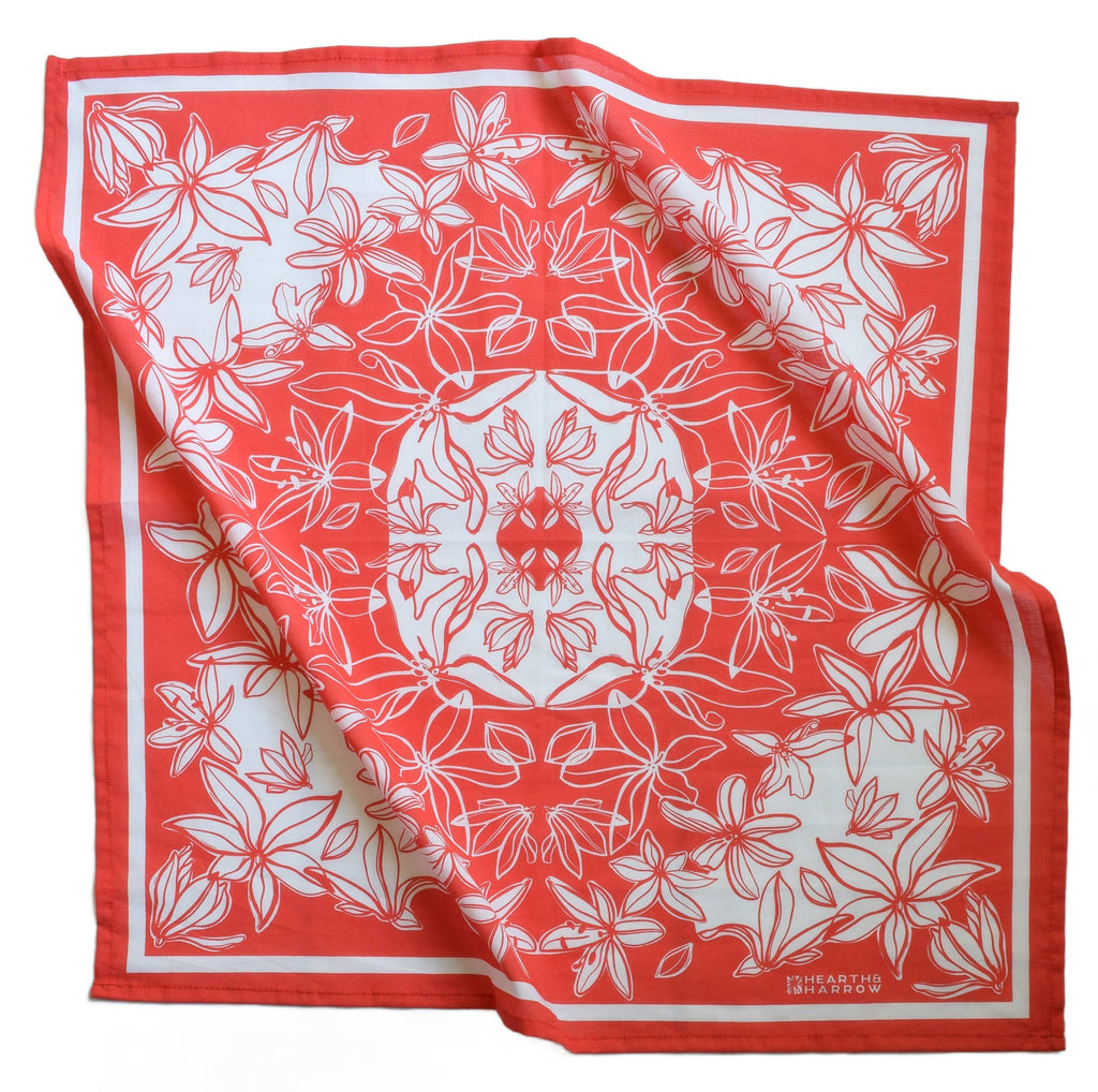 Flower Bloom Bandana - 100% Cotton - Hand Printed - Red
