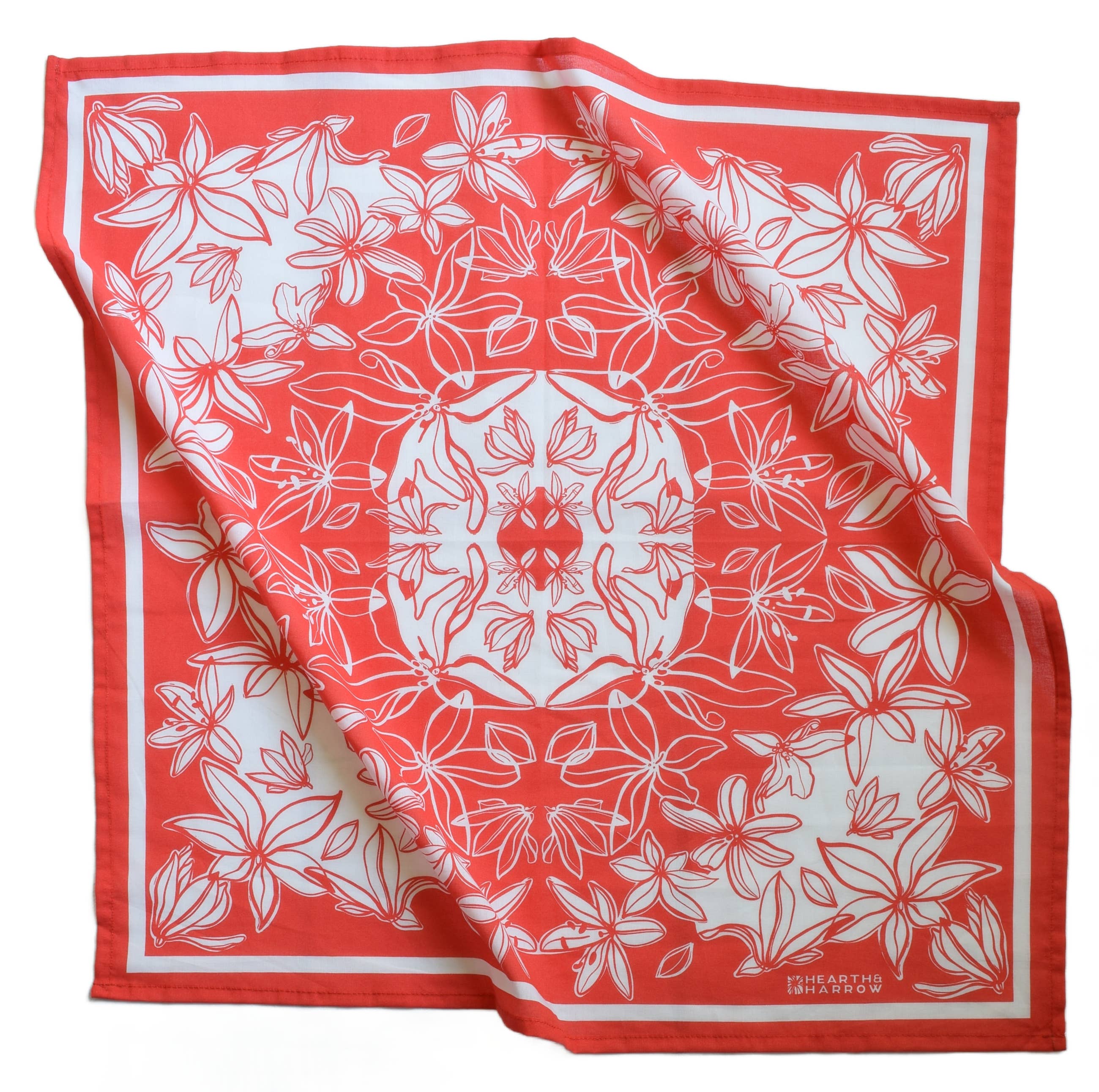 Flower Bloom Bandana - 100% Cotton - Hand Printed - Red