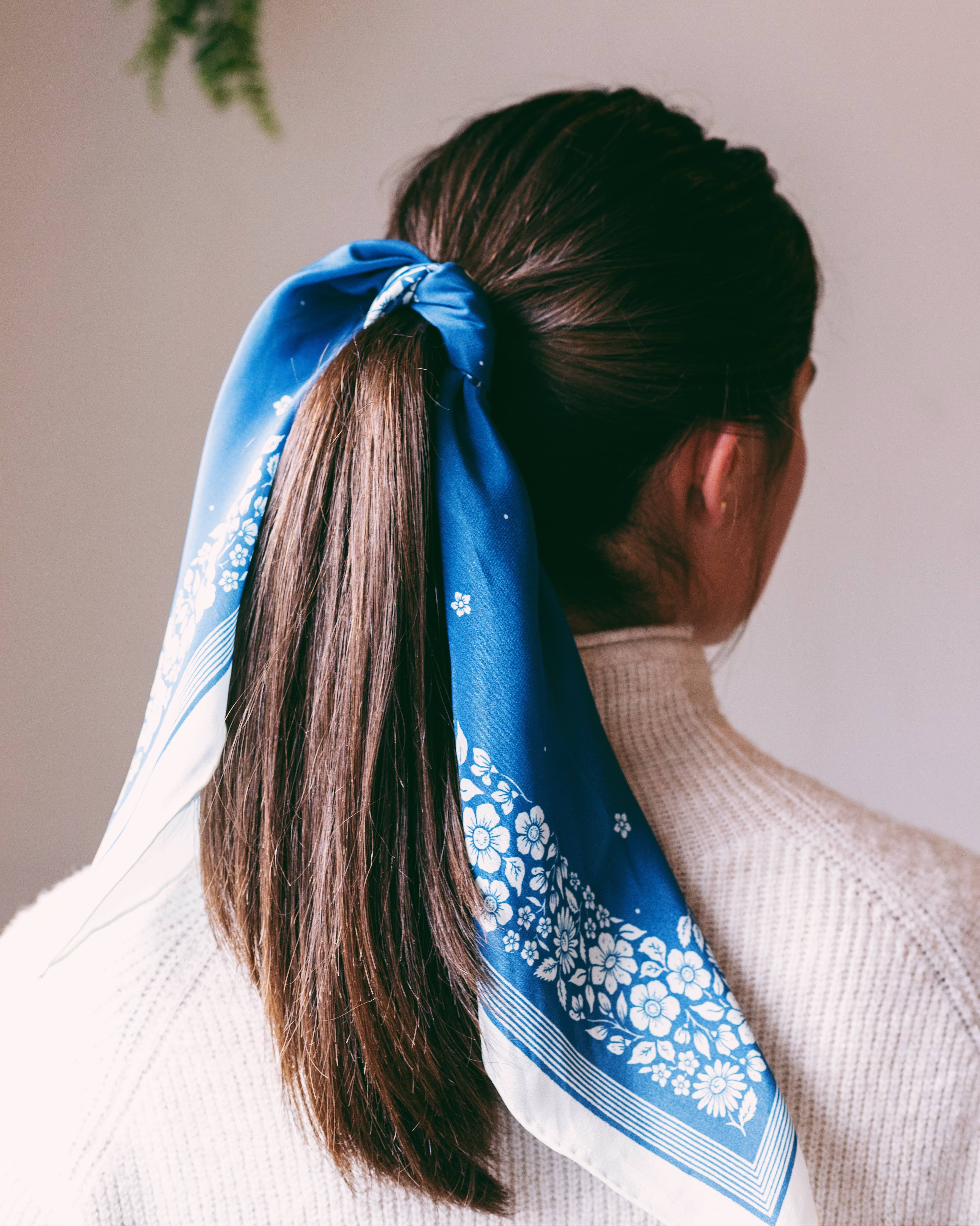 100% Silk Bandana Scarf -Santorini Floral China Blue Western