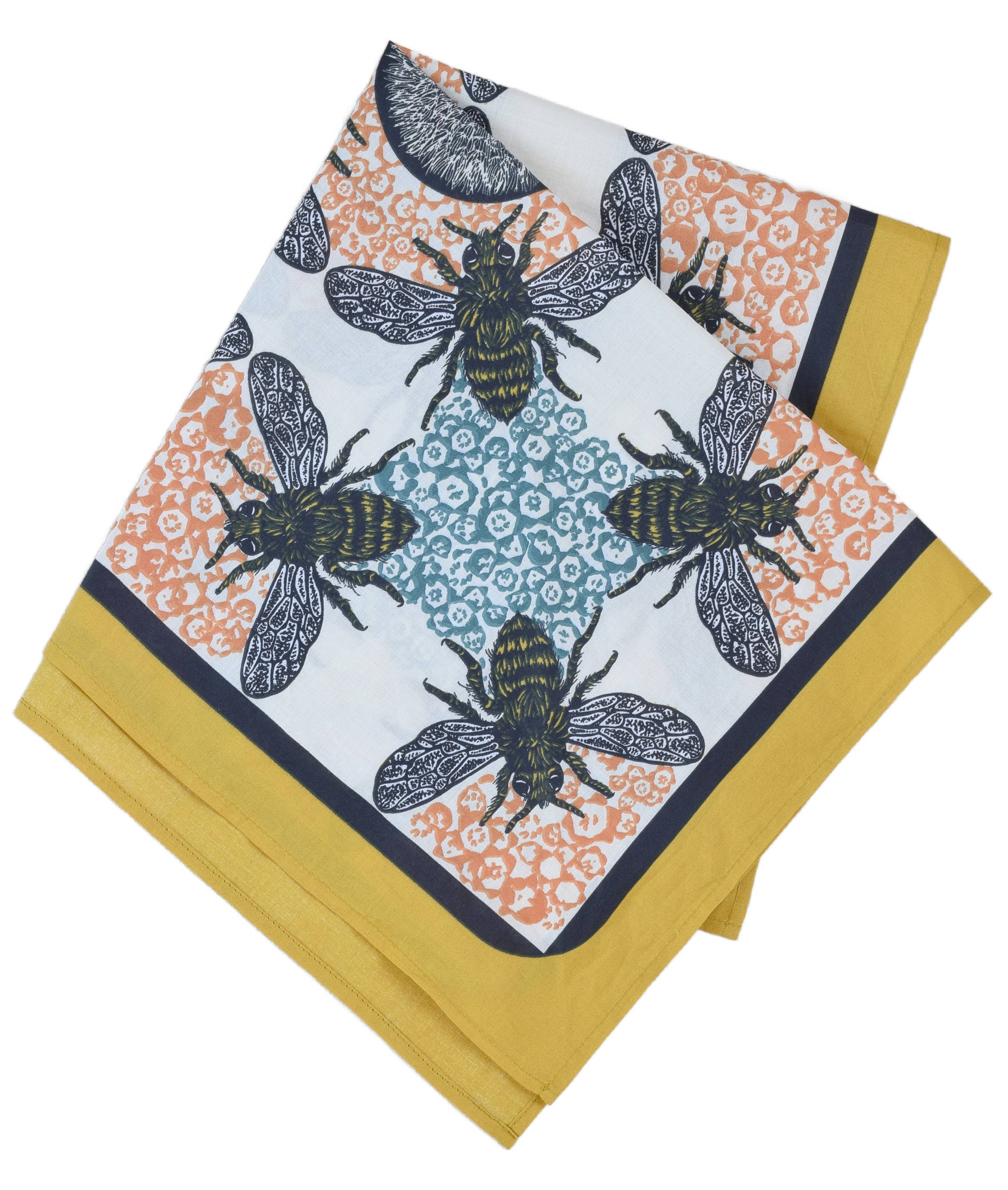Honeybee Bandana - 100% Cotton - Yellow Teal - Hand Printed
