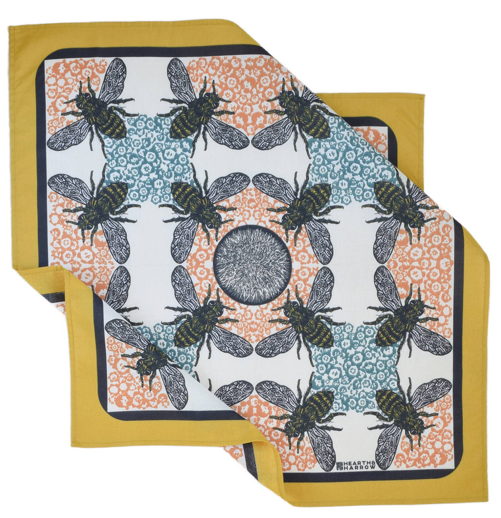 Honeybee Bandana - 100% Cotton - Yellow Teal - Hand Printed