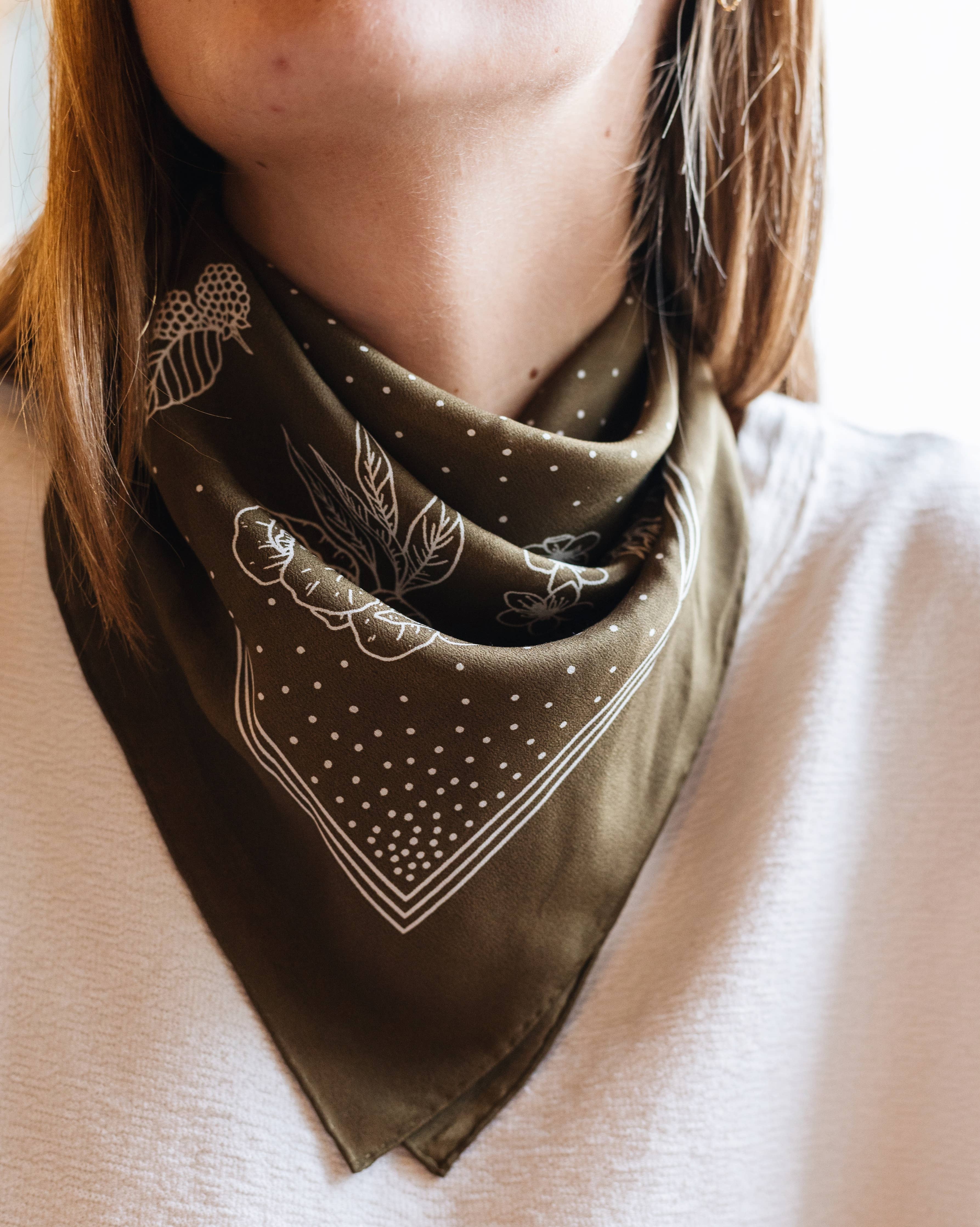 100% Silk Bandana Scarf - Classic Deep Olive Floral Western