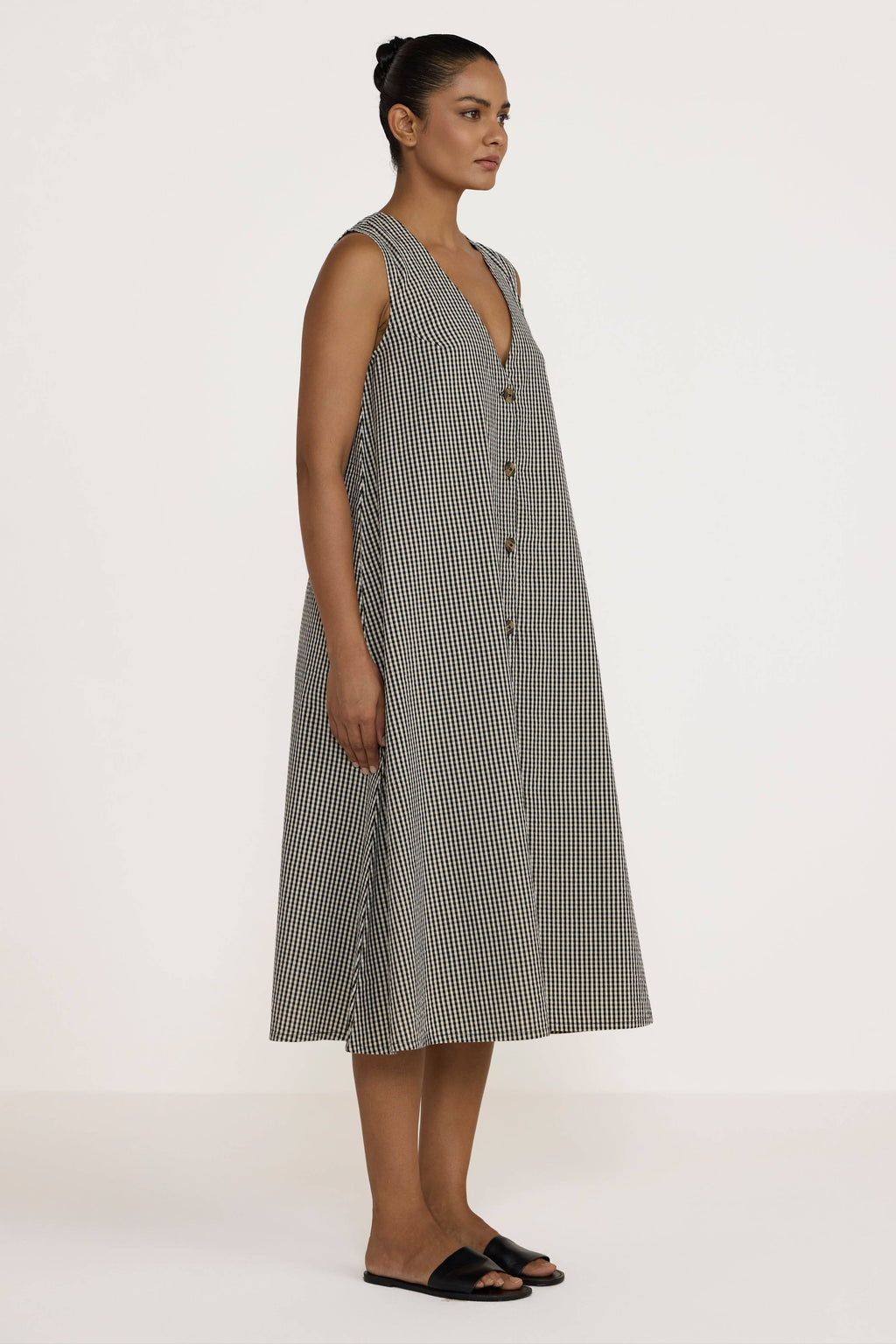 V Neck Midi Dress - Gingham