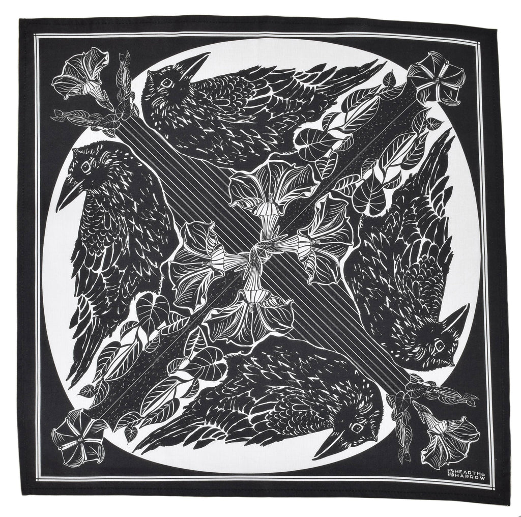 Crow Bandana - Dark Black - 100% Cotton - Bird Print Hanky