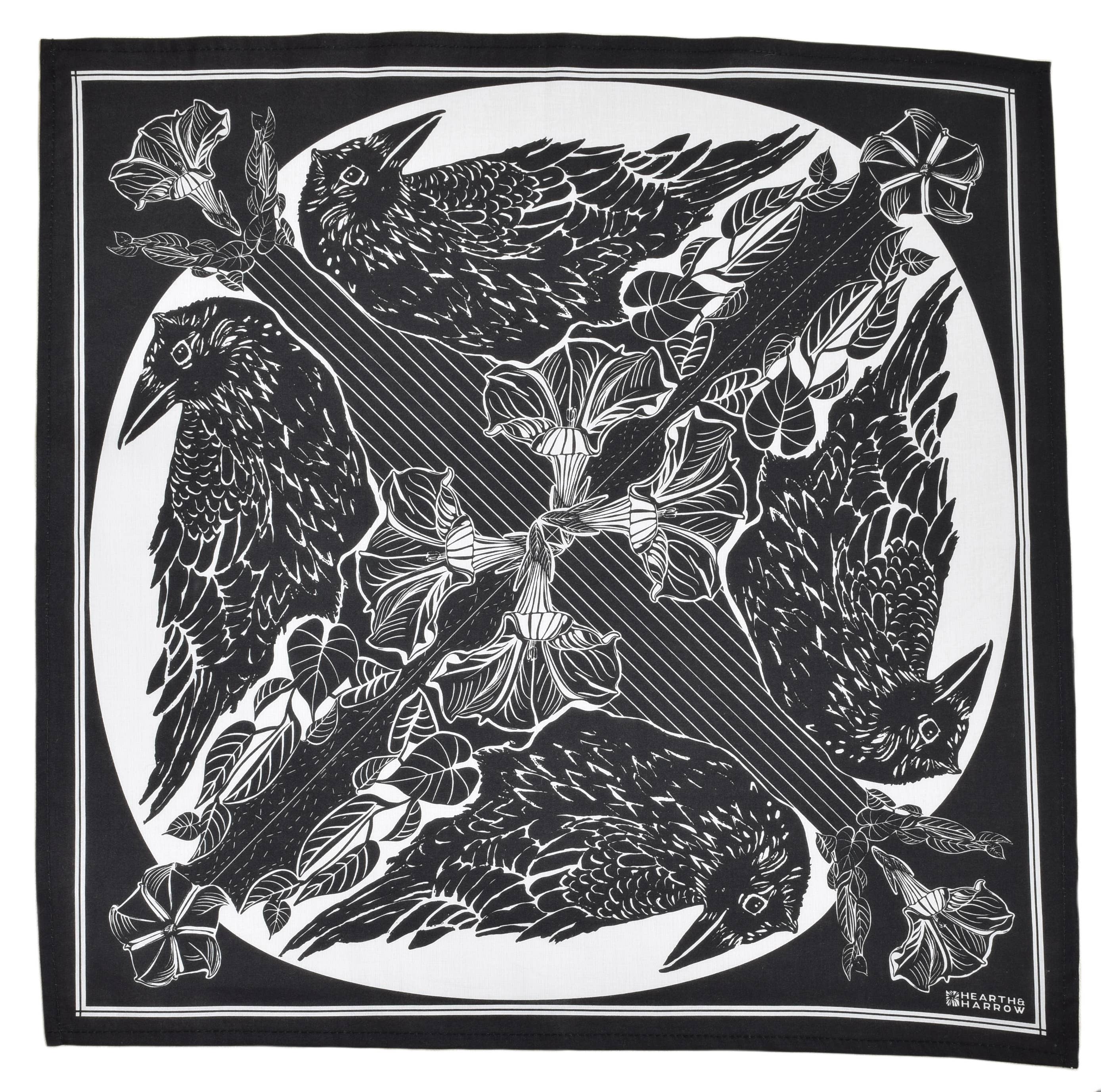 Crow Bandana - Dark Black - 100% Cotton - Bird Print Hanky
