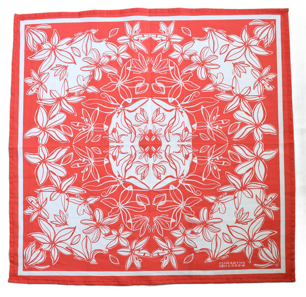 Flower Bloom Bandana - 100% Cotton - Hand Printed - Red