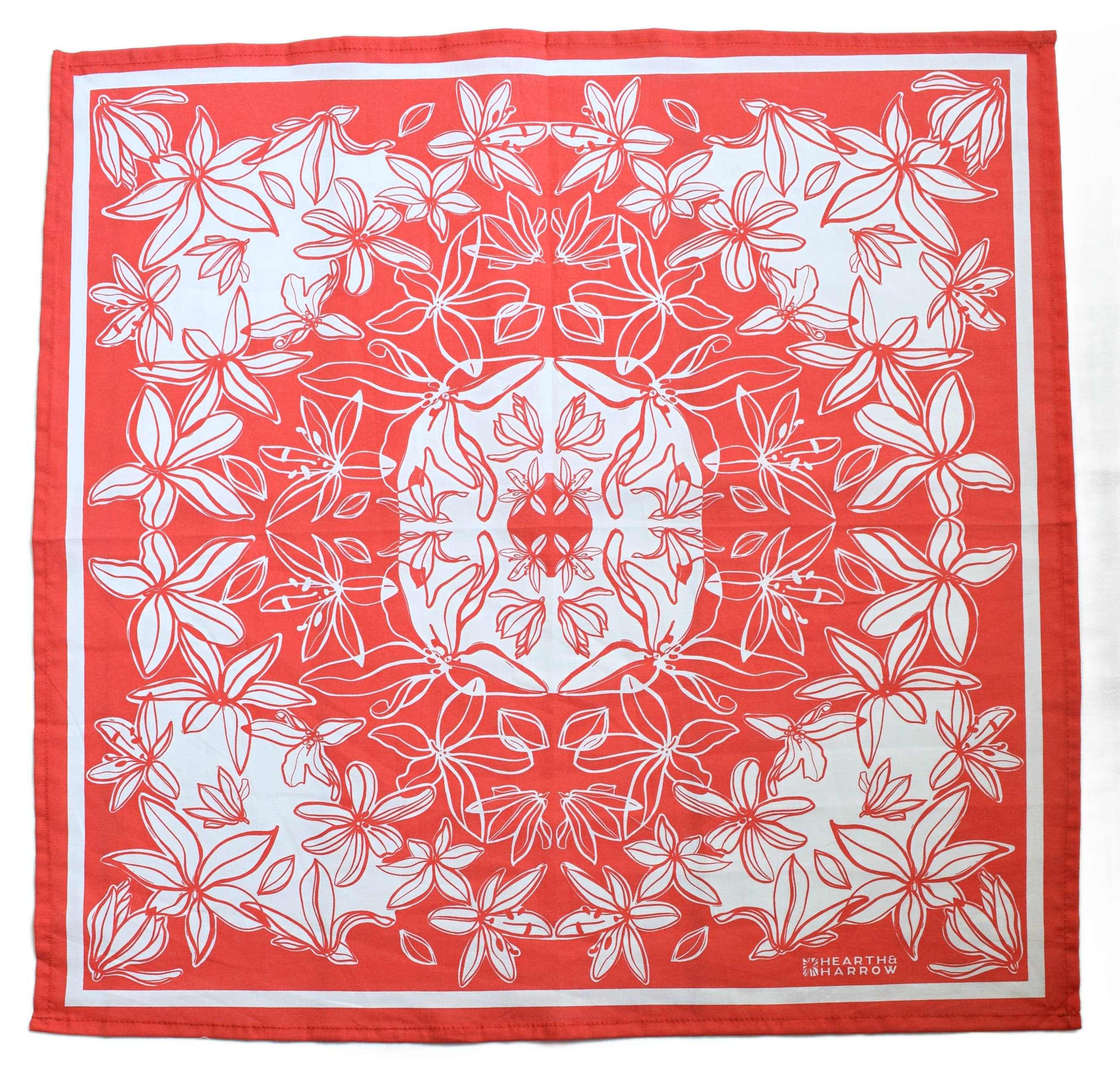 Flower Bloom Bandana - 100% Cotton - Hand Printed - Red