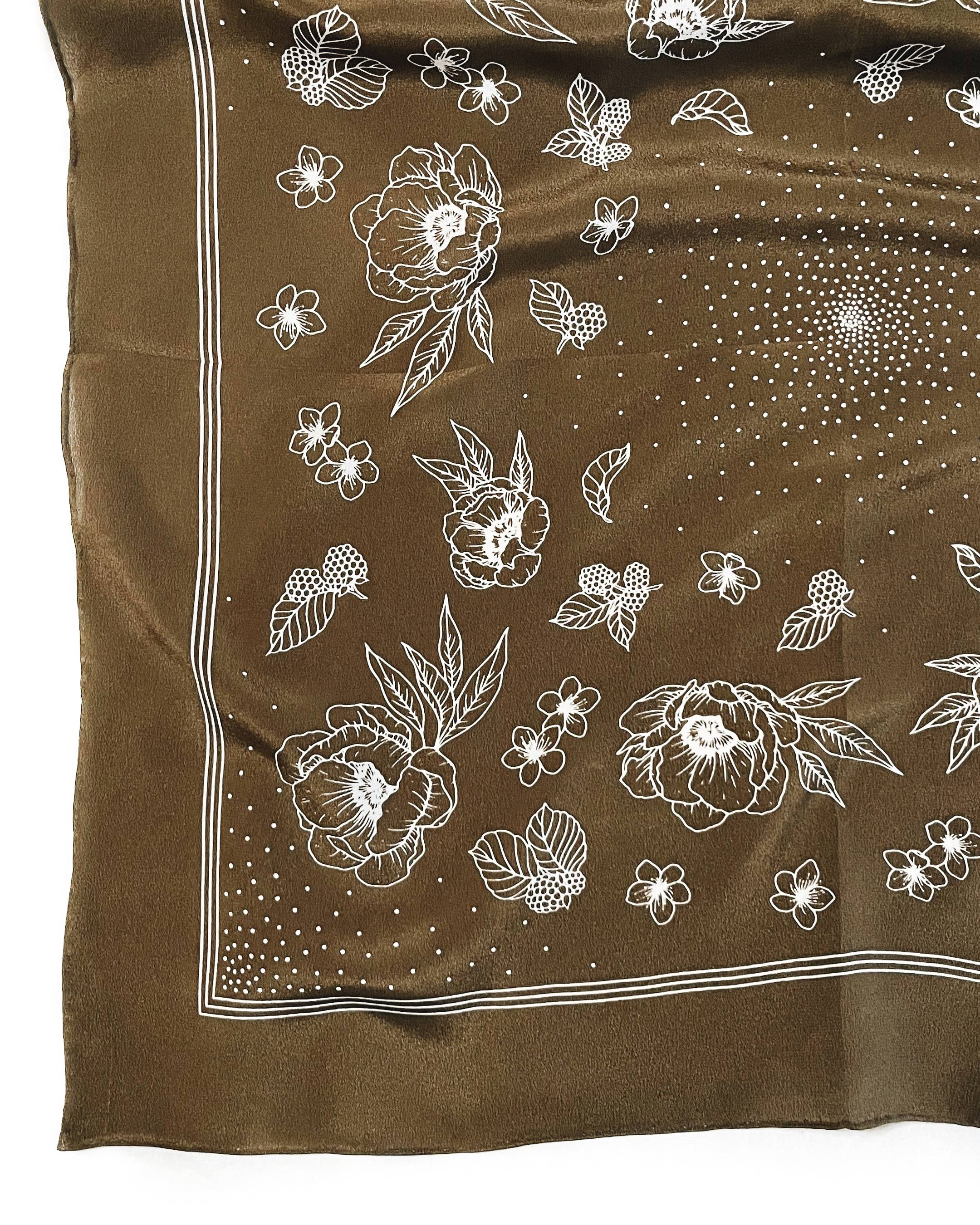 100% Silk Bandana Scarf - Classic Deep Olive Floral Western
