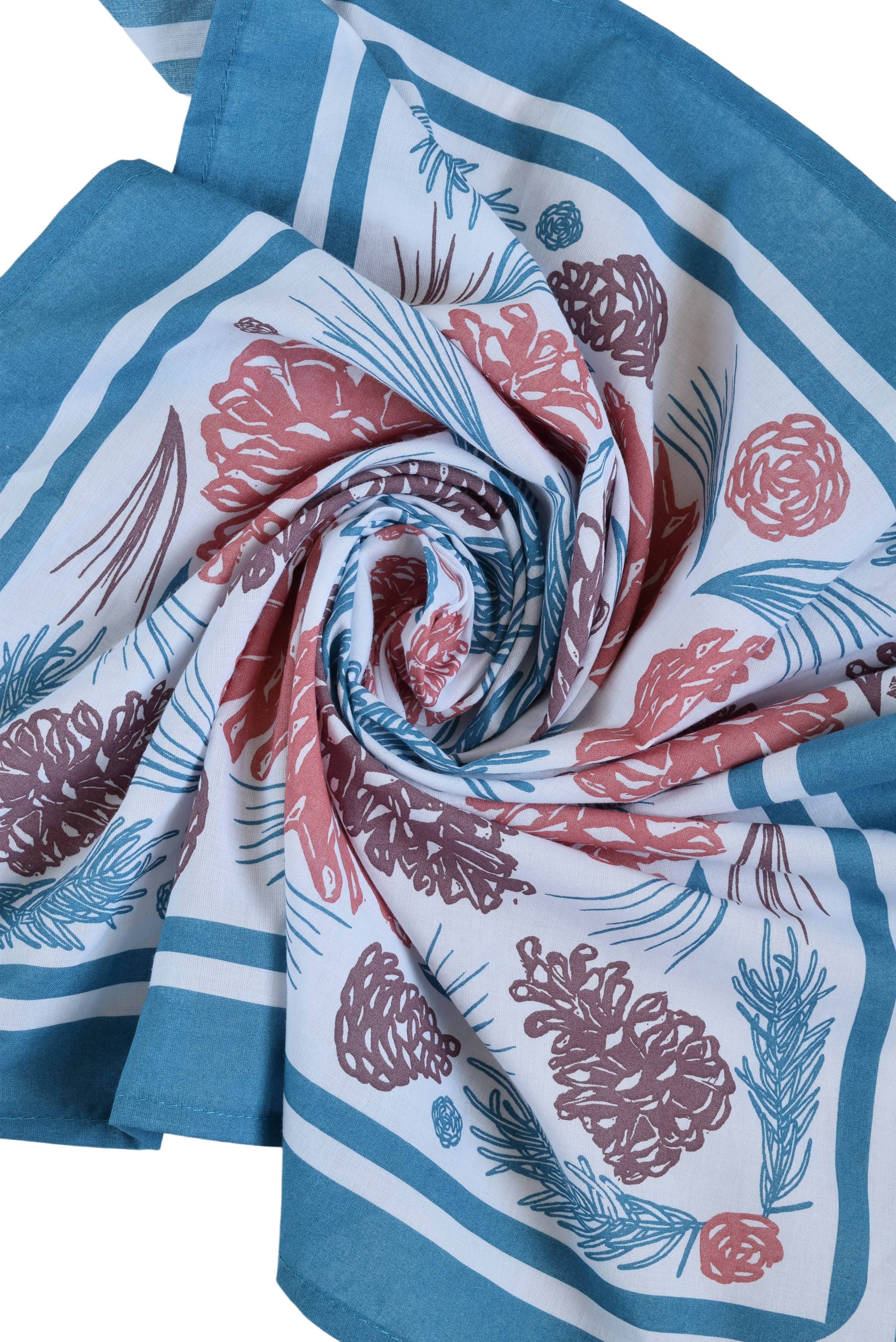 Pine Cone Bandana - 100% Cotton - Woodland - Blue/Green