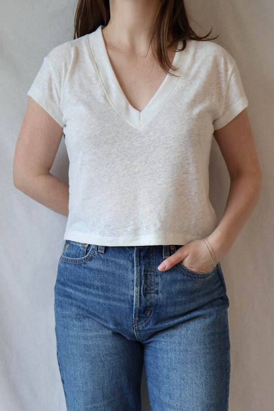 Rosie Linen Blend V-Neck Tee | Natural