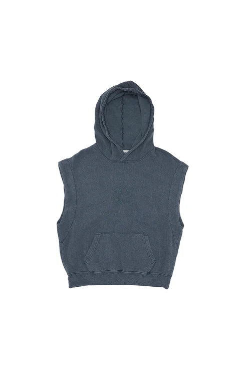 Blue sleeveless hoodie on a white background