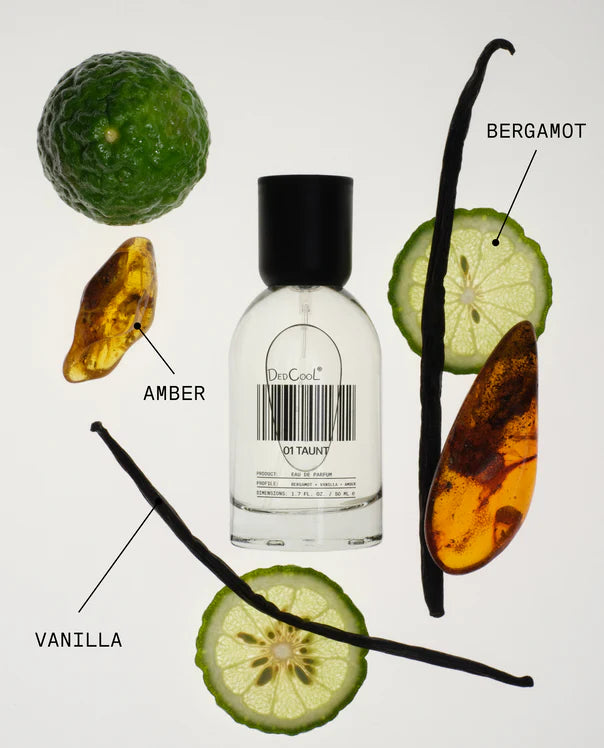 Perfume bottle with labeled ingredients including bergamot, amber, and vanilla on a white background