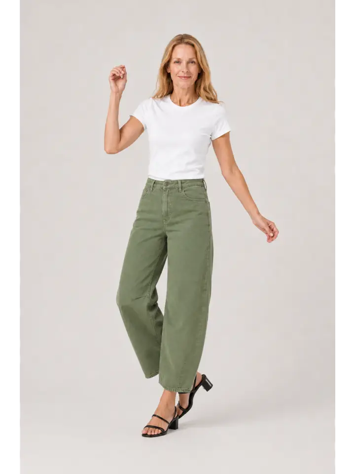 Elmore Horseshoe Barrel Jean, Washed Olive Green Denim